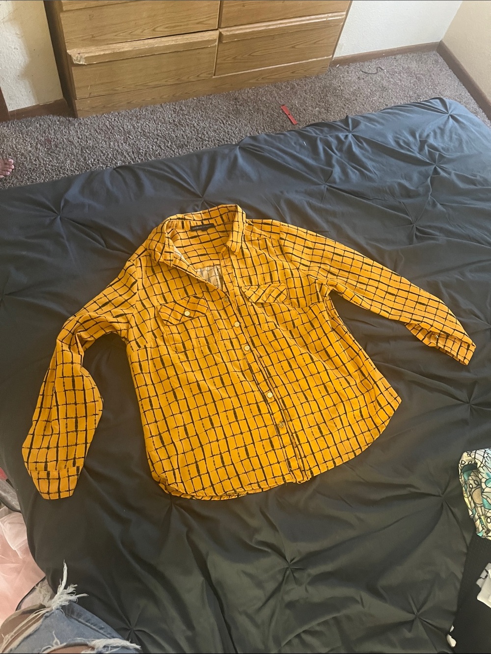 Adrienne Vittadini Mustard and Black Grid Blouse
